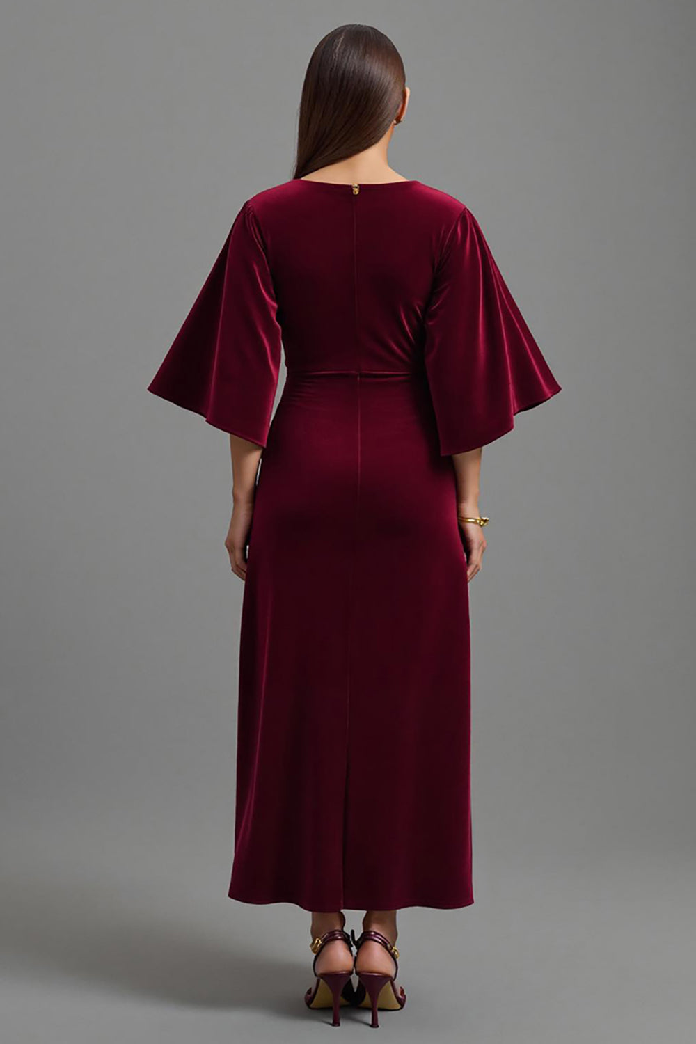 Burgundy V-Neck Velvet Sheath Maxi Holiday Party Dress with Sleeves