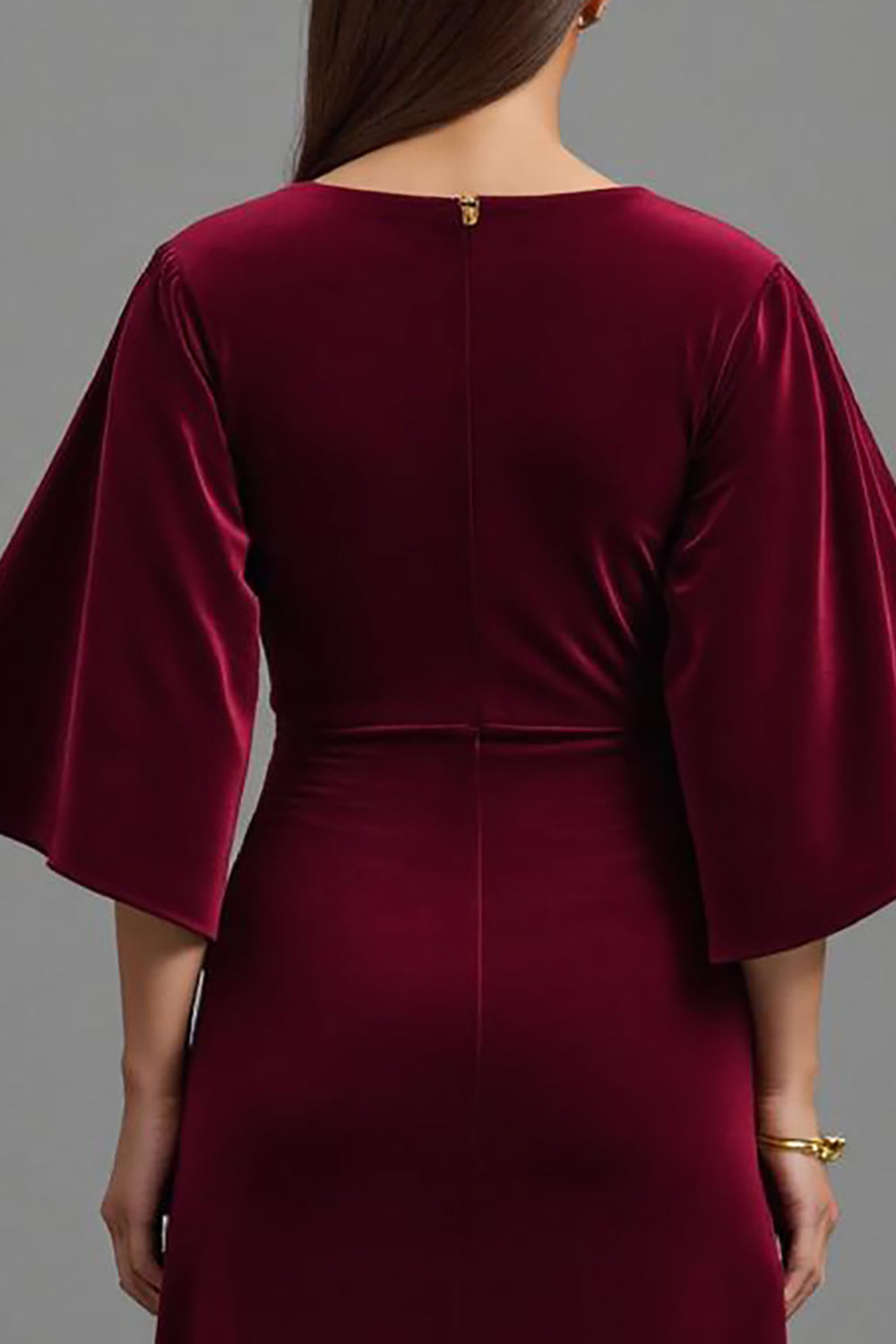 Burgundy V-Neck Velvet Sheath Maxi Holiday Party Dress with Sleeves