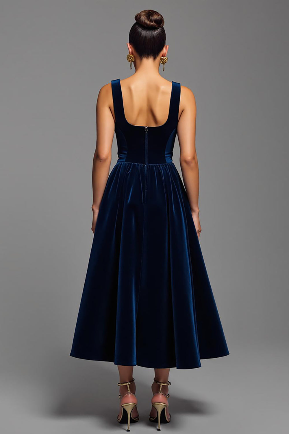 Velvet Navy A Line Square Neck Maxi Holiday Party Dress