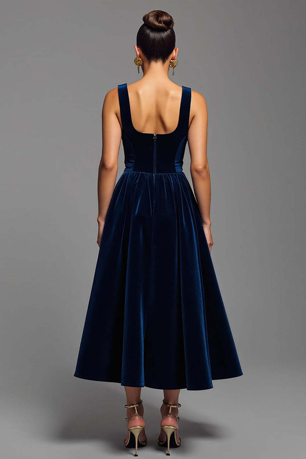 Velvet Navy A Line Square Neck Maxi Holiday Party Dress