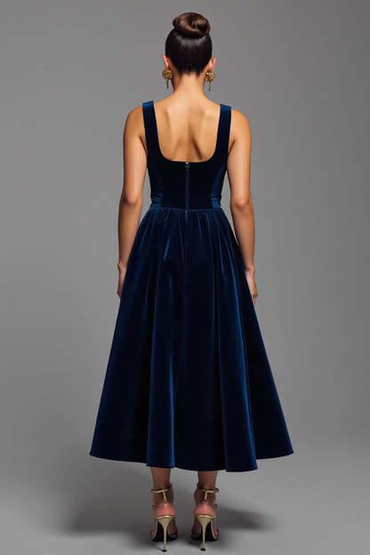 Velvet Navy A Line Square Neck Maxi Holiday Party Dress