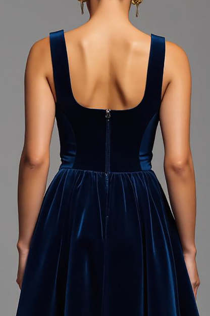 Velvet Navy A Line Square Neck Maxi Holiday Party Dress