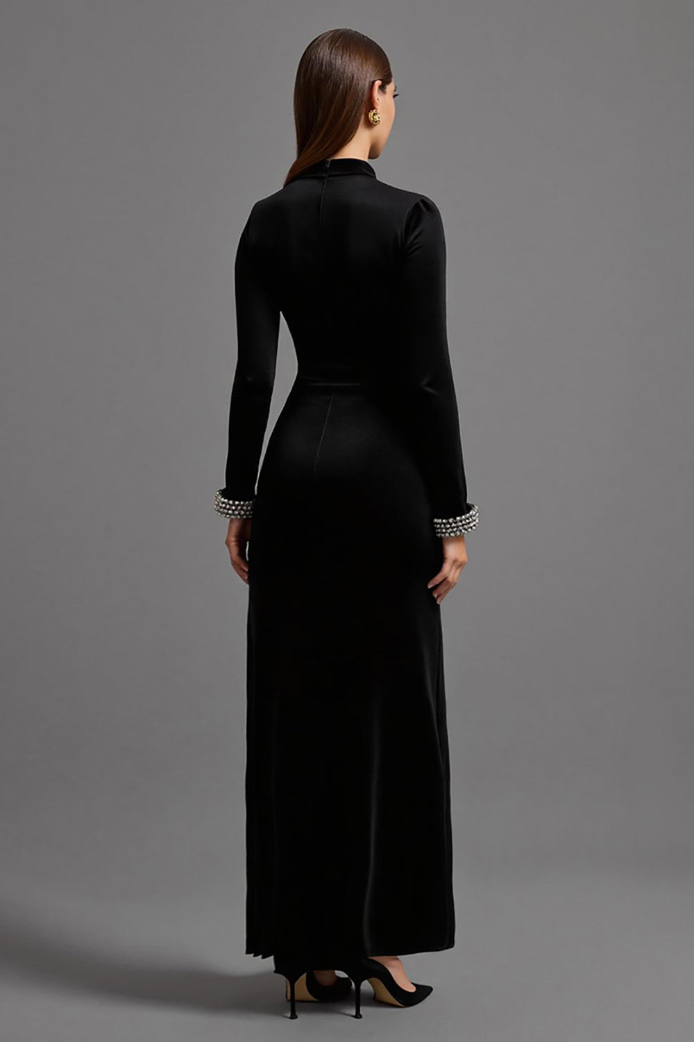 Black High Neck Velvet Maxi Holiday Party Dress with Sleeves