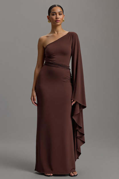 Leely Women Coffee Asymmetrical Maxi Formal Dress with Ruffles One Shoulder Sheath Long Sleeves Evening Dress