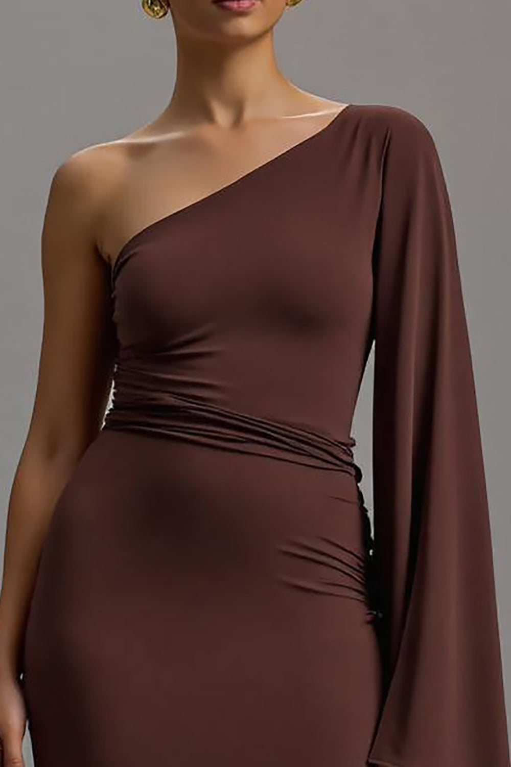 Coffee One Shoulder Sheath Long Formal Dress with Ruffles