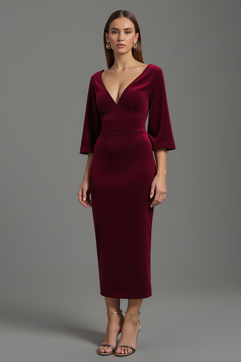 Leely Women Burgundy Velvet Maxi Holiday Party Dress V-Neck Half Sleeves Sheath Cocktail Dress