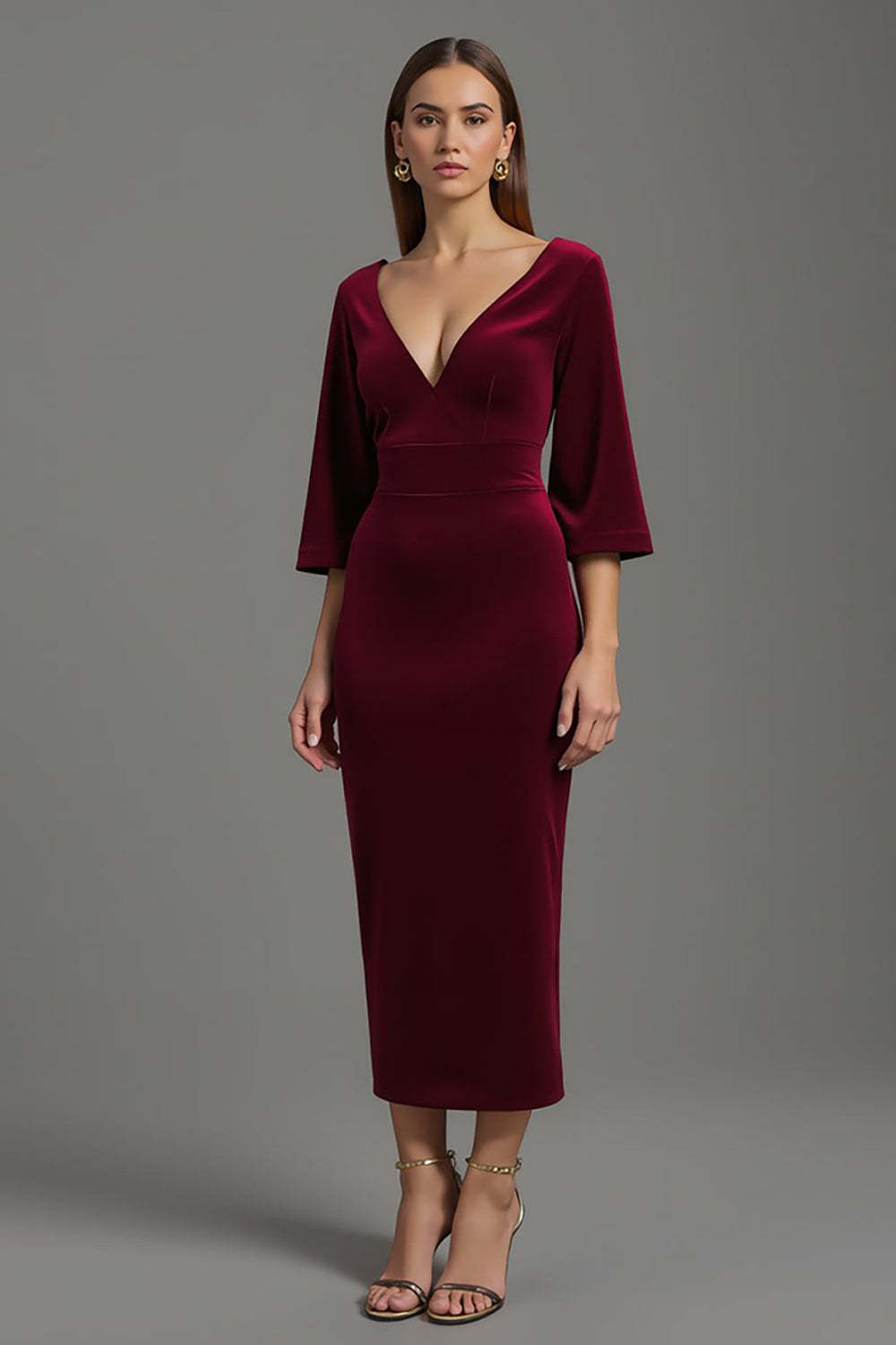 Leely Women Burgundy Velvet Maxi Holiday Party Dress V-Neck Half Sleeves Sheath Cocktail Dress