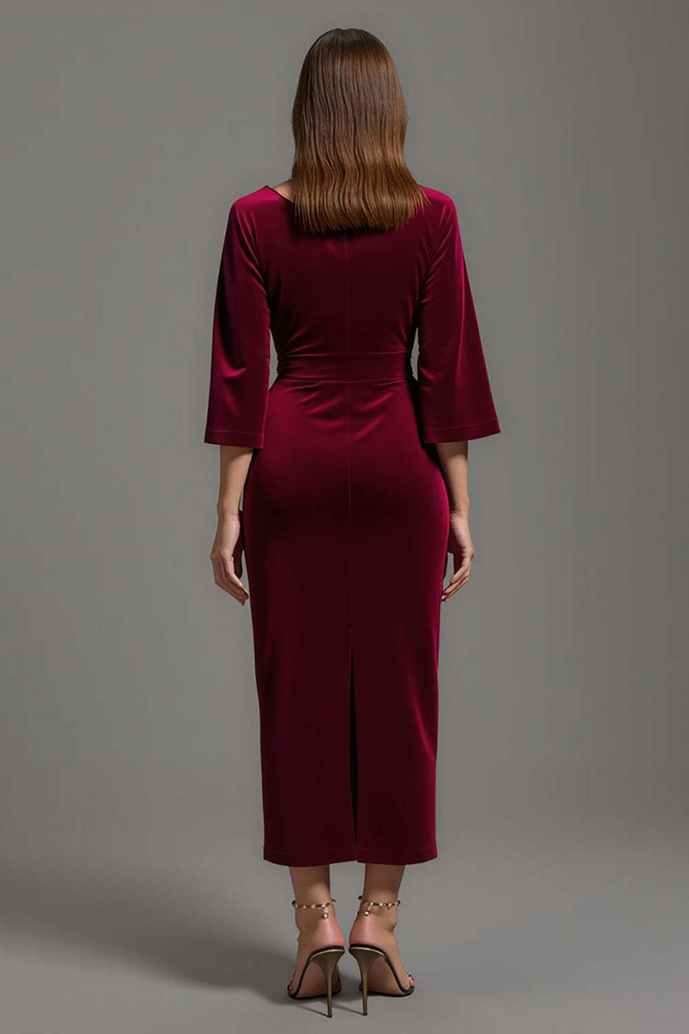 Sheath Burgundy Velvet V-Neck Half Sleeves Maxi Holiday Party Dress