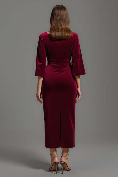 Sheath Burgundy Velvet V-Neck Half Sleeves Maxi Holiday Party Dress