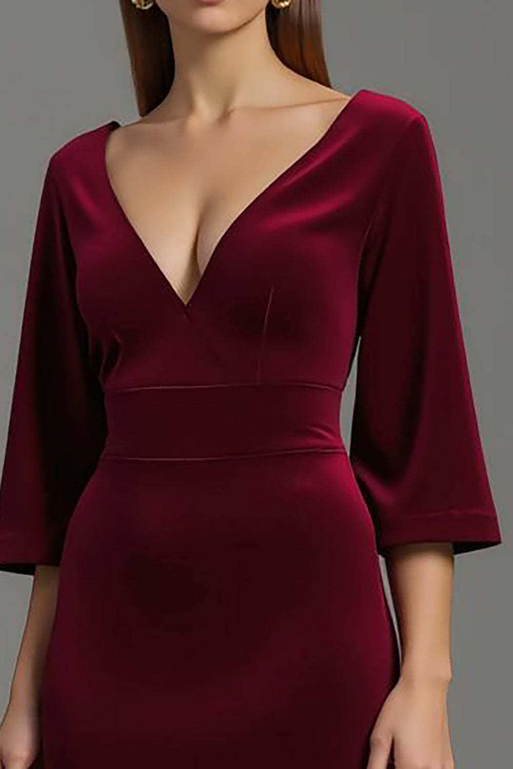 Sheath Burgundy Velvet V-Neck Half Sleeves Maxi Holiday Party Dress