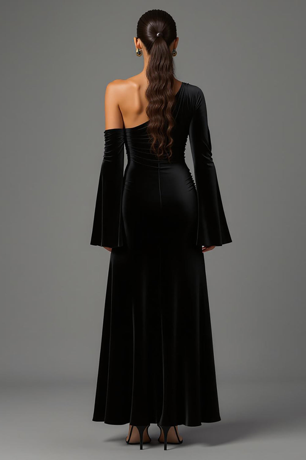 Velvet Black One Shoulder Long Sleeves Holiday Party Dress