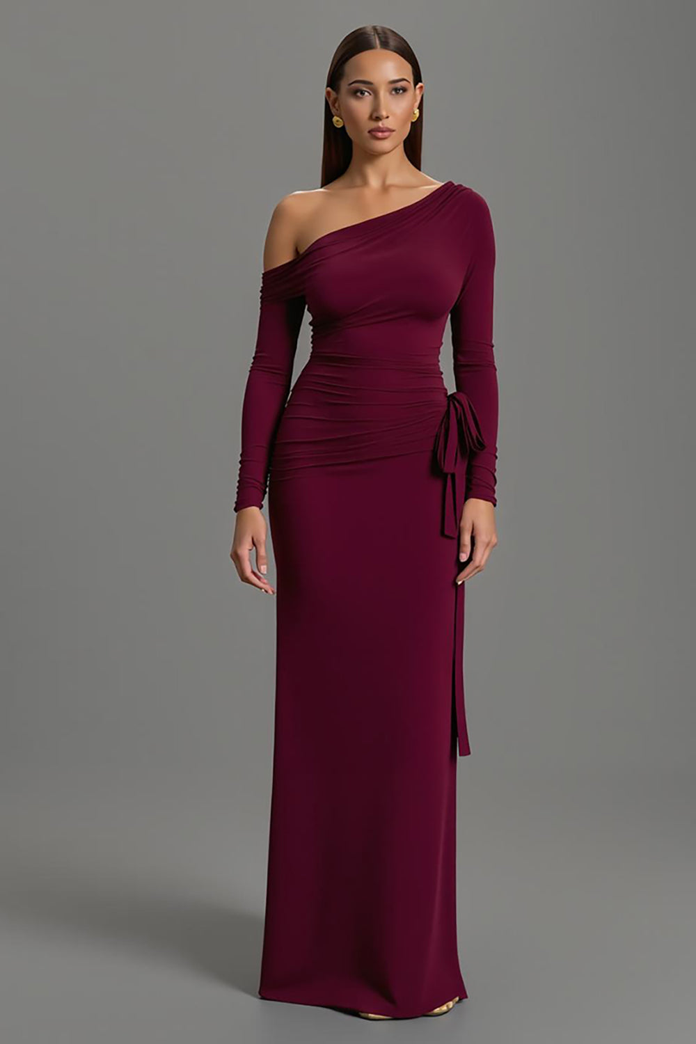 Leely Women Burgundy Satin Sheath Maxi Formal Dress One Shoulder Long Sleeves Evening Dress