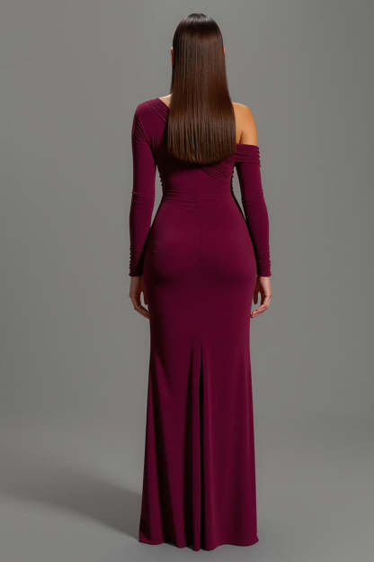 Burgundy One Shoulder Sheath Satin Long Sleeves Formal Dress