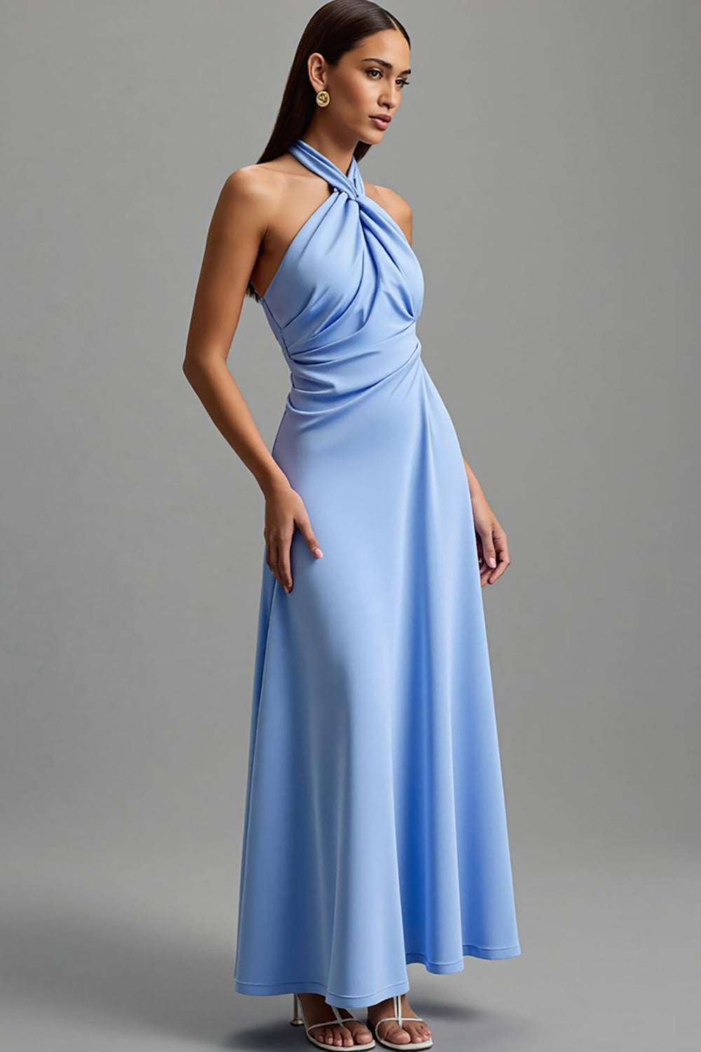Leely Women Blue Halter Maxi Formal Dress Satin Backless Ruched A Line Wedding Guest Dress