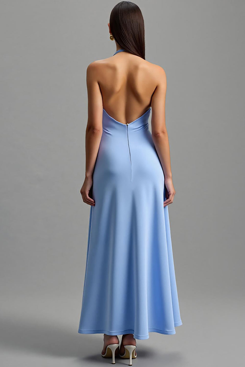 Blue Halter Satin Backless Maxi A Line Formal Dress