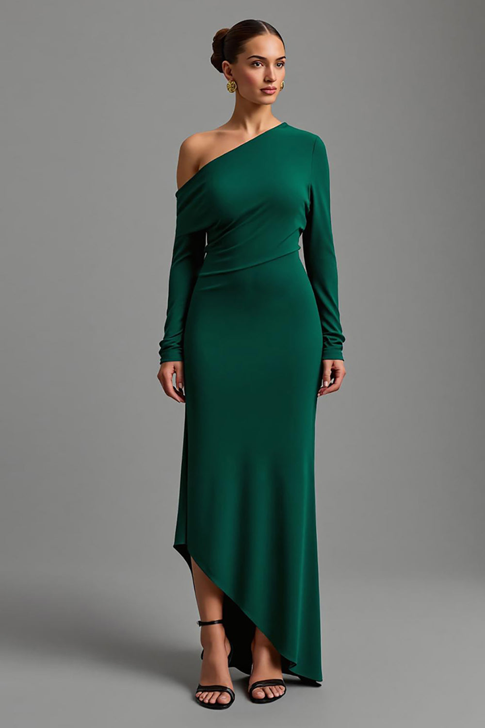 Dark Green One Shoulder Satin Sheath Maxi Formal Dress