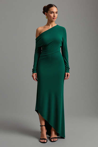 Leely Women Dark Green Satin Sheath Maxi Formal Dress Long Sleeves One Shoulder Asymmetrical Evening Dress