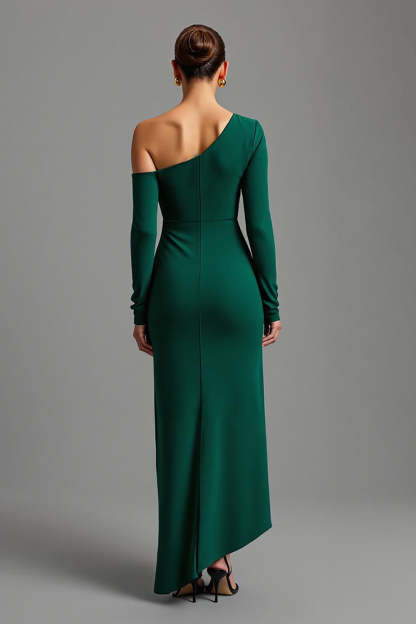 Dark Green One Shoulder Satin Sheath Maxi Formal Dress
