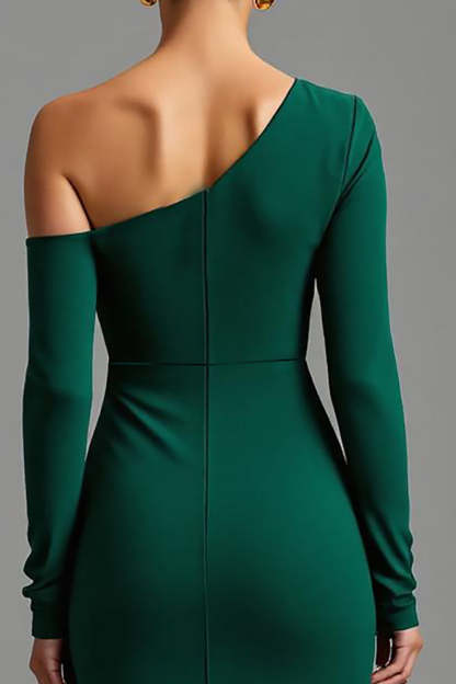 Dark Green One Shoulder Satin Sheath Maxi Formal Dress