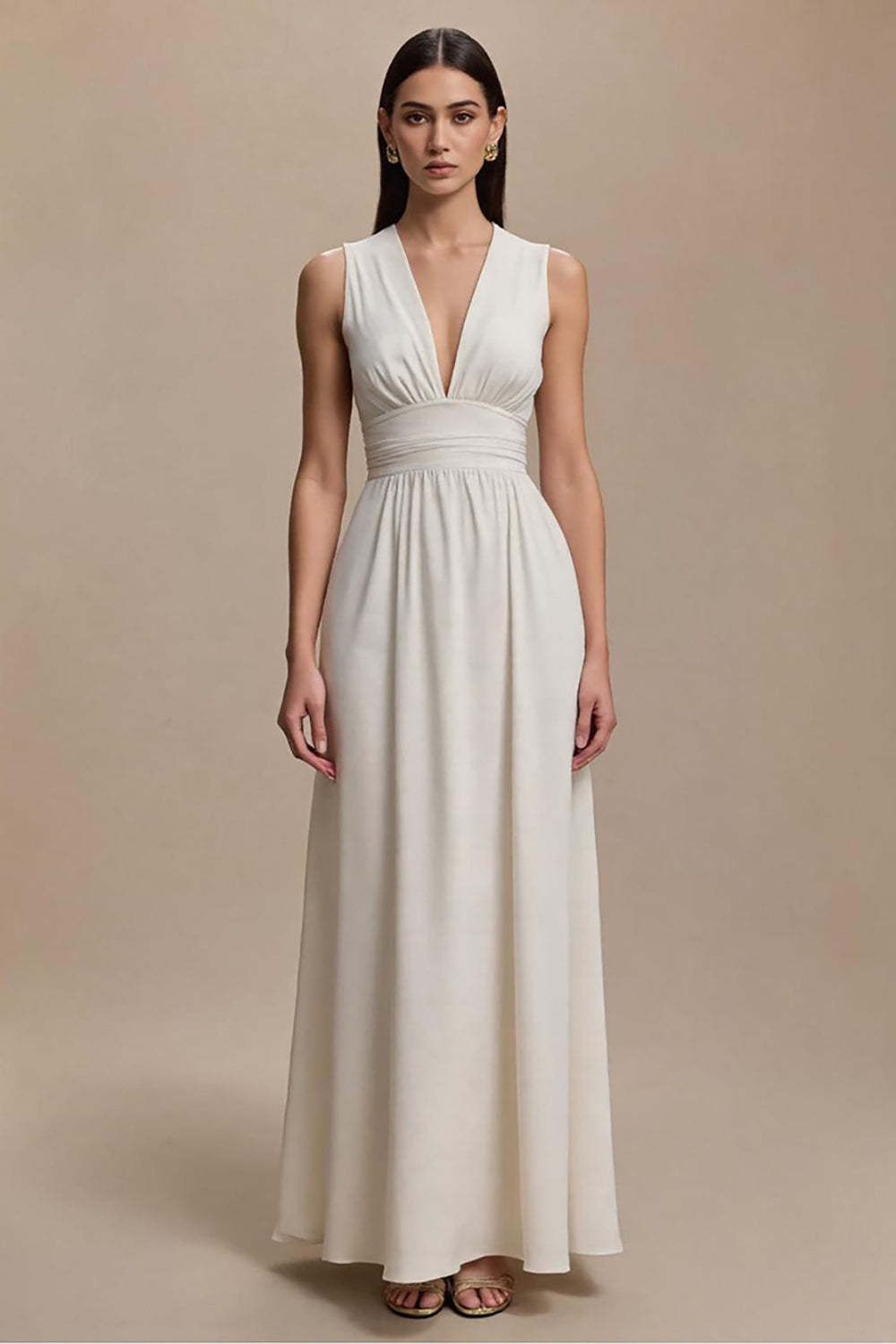 Leely Women Ivory Maxi Formal Dress V-Neck Ruched A-Line Sleeveless Evening Dress