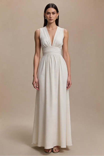 Leely Women Ivory Maxi Formal Dress V-Neck Ruched A-Line Sleeveless Evening Dress