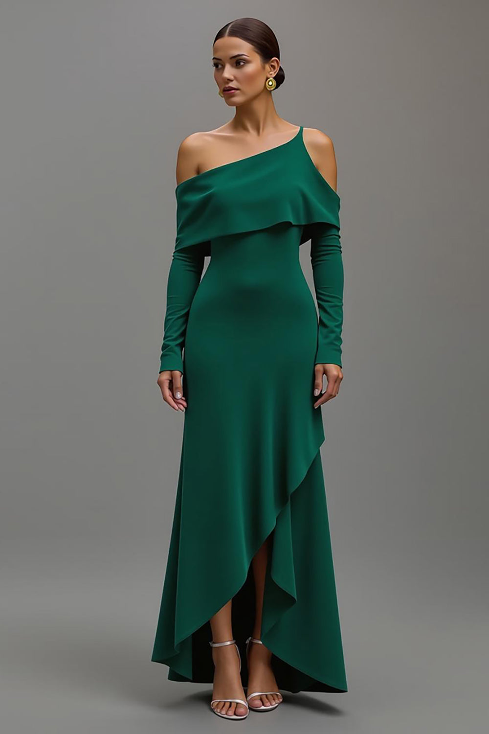 Leely Women Dark Green Satin High-Low Formal Dress Long Sleeves One Shoulder Sheath Asymmetrical Evening Dress