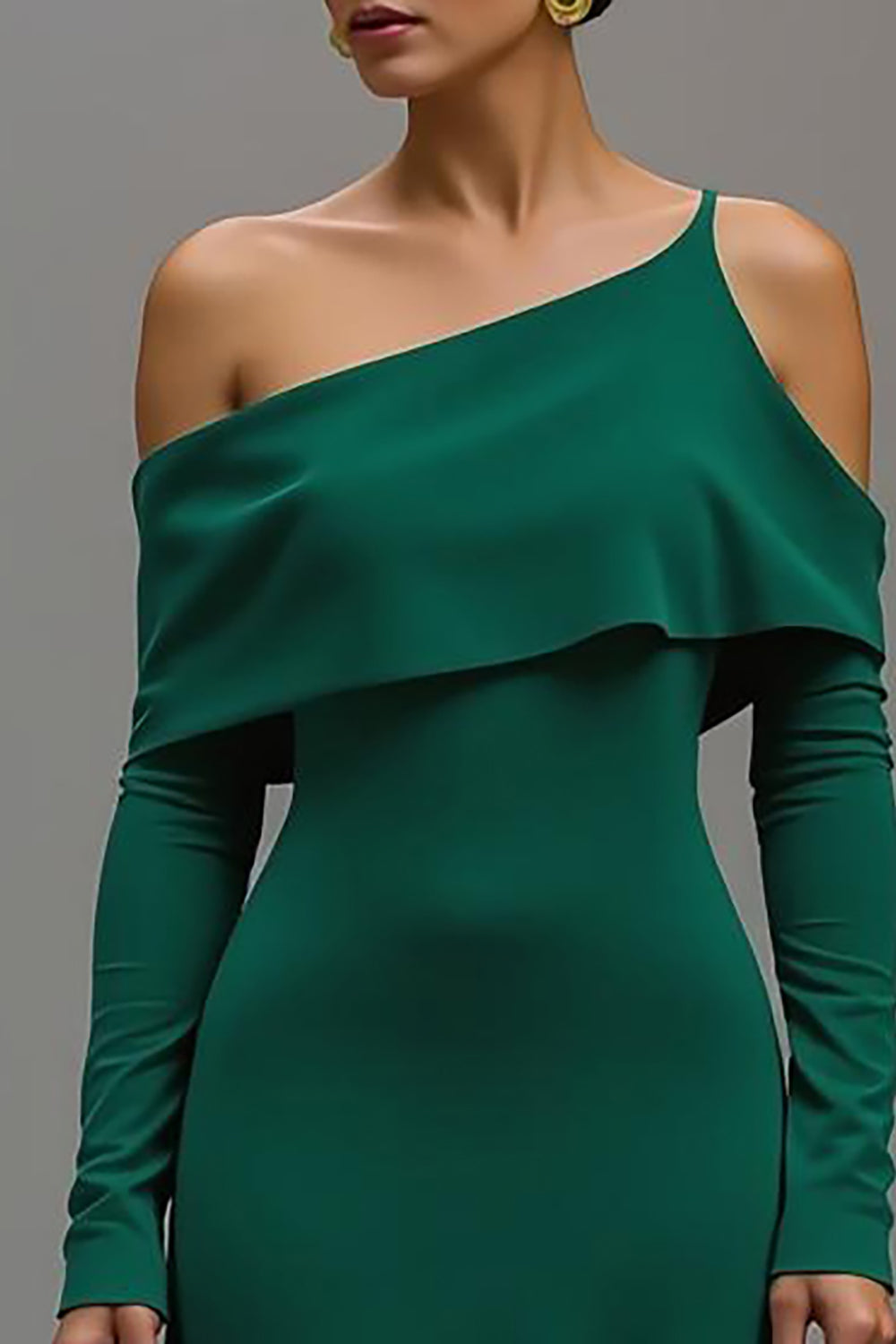 Dark Green One Shoulder High-Low Formal Dress with Sleeves