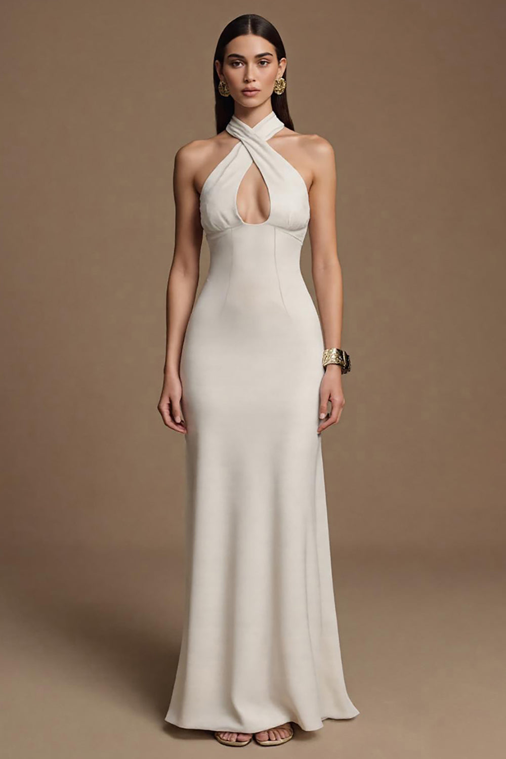 Ivory Halter Keyhole Maxi Sheath Satin Formal Dress