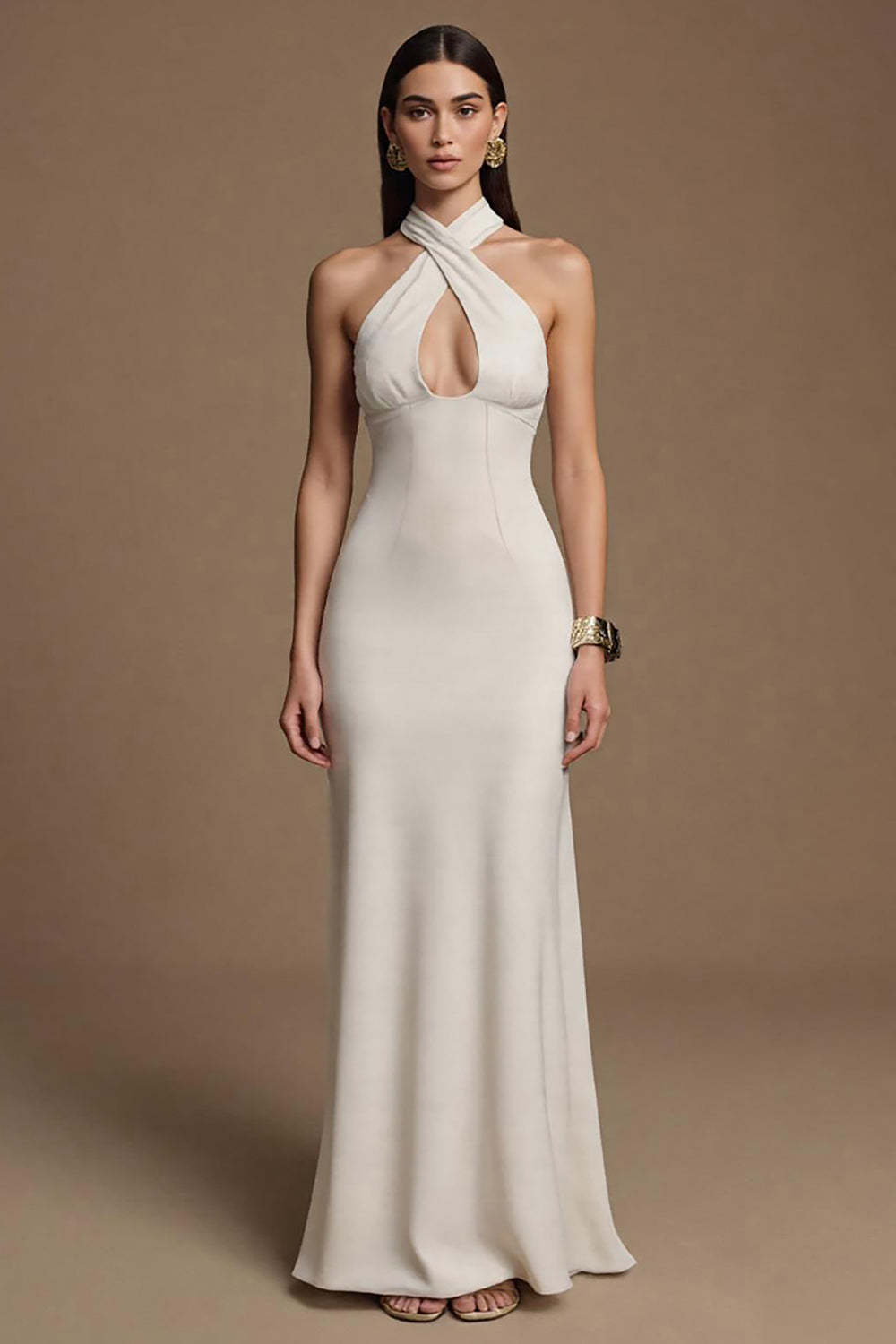 Leely Women Ivory Maxi Satin Formal Dress Halter Keyhole Sheath Evening Dress