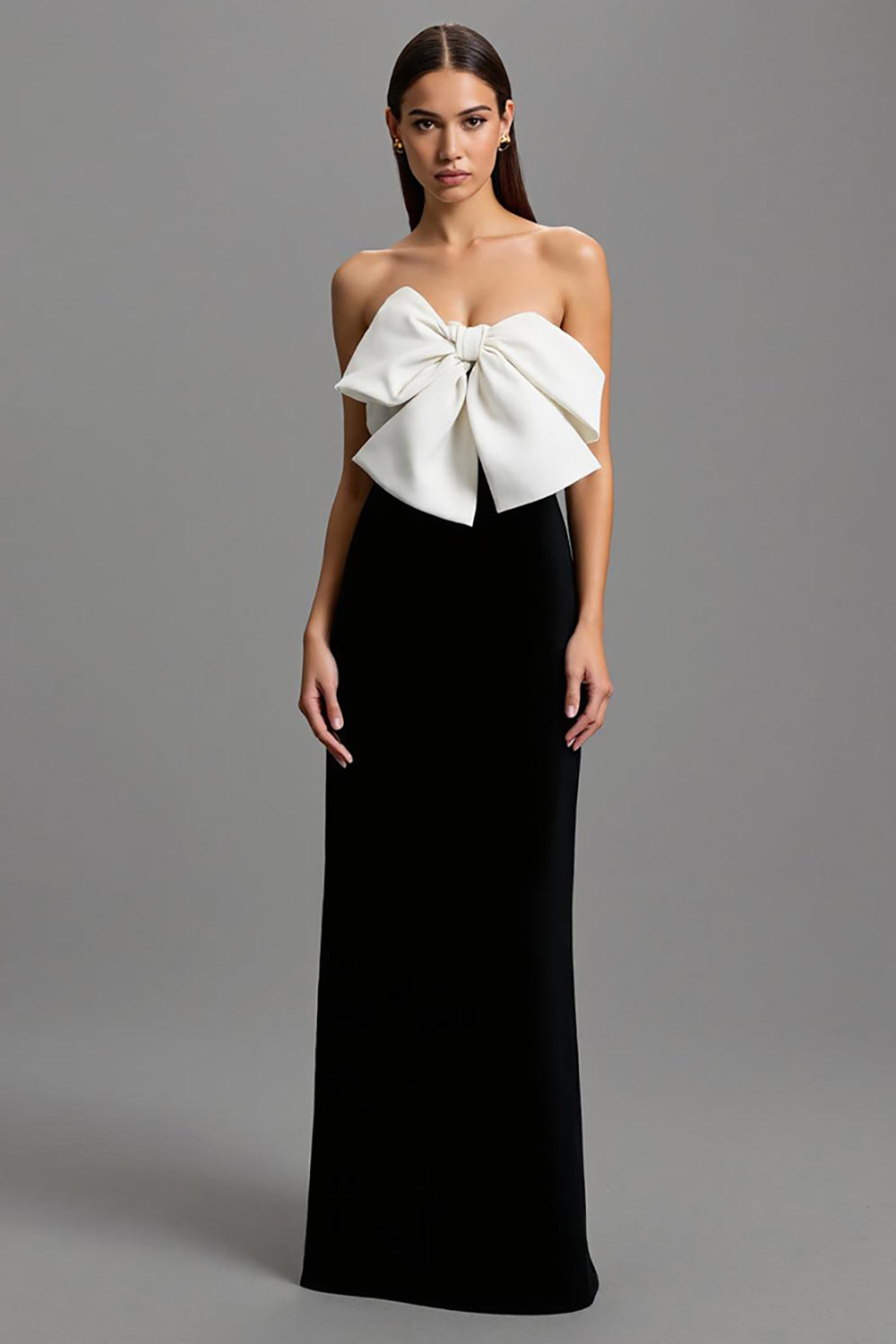 Black and White Strapless Maxi Satin Formal Dress with Bows