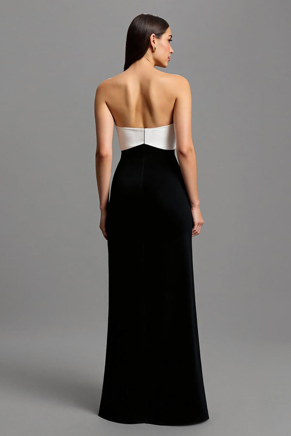 Black and White Strapless Maxi Satin Formal Dress with Bows