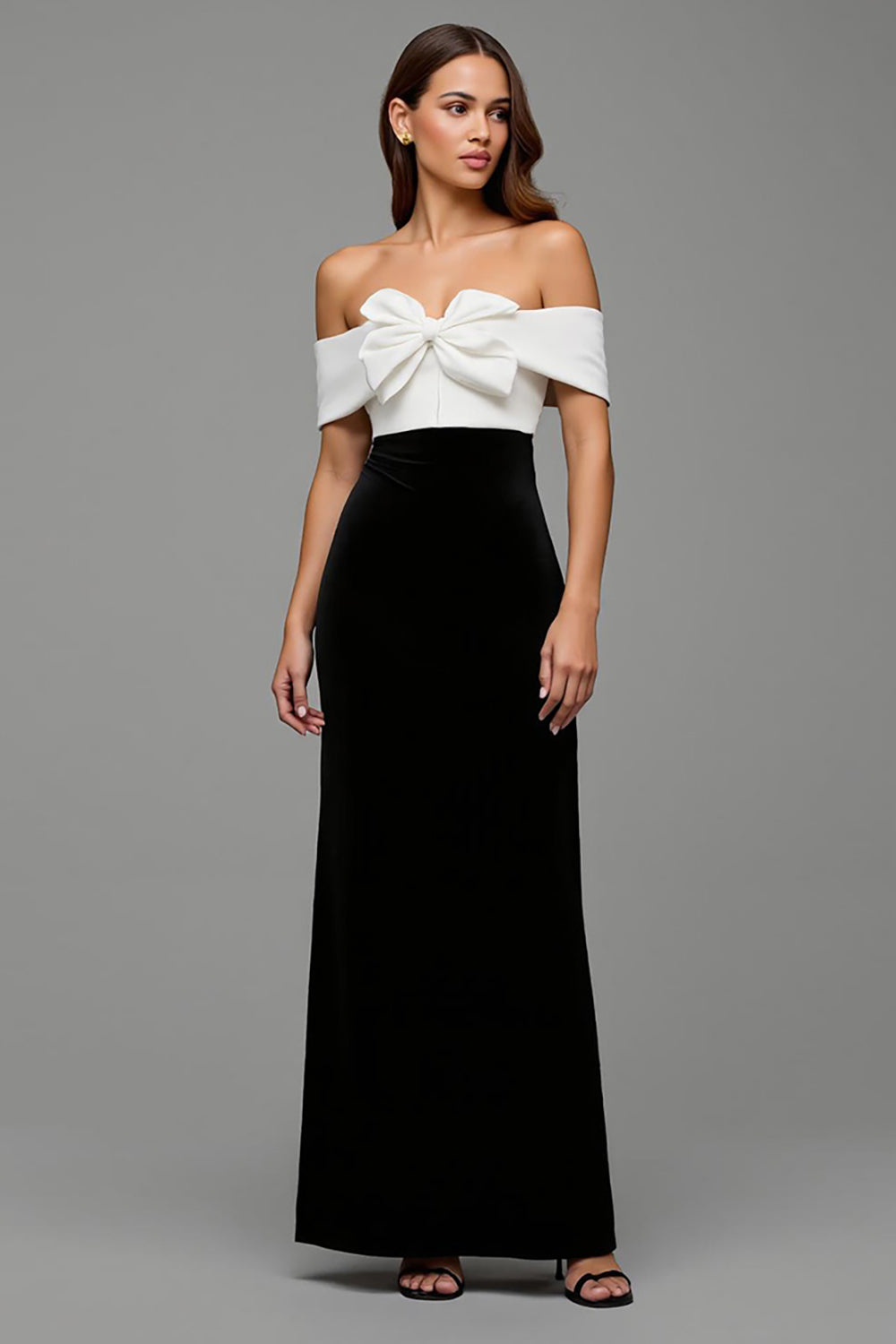 Black and White Sheath Maxi Satin Formal Dress with Bows