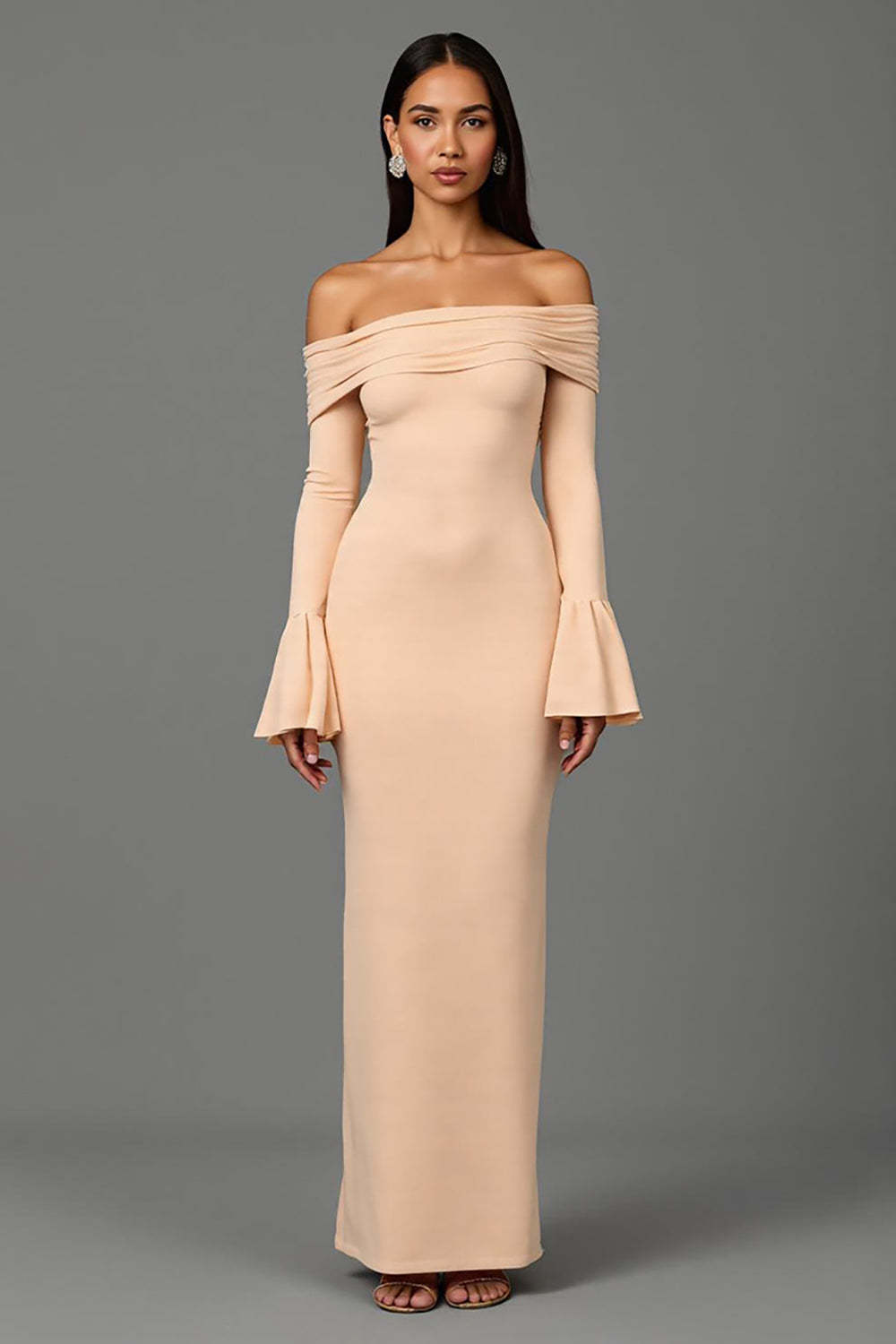 Leely Women Apricot Sheath Maxi Formal Dress with Sleeves Off the Shoulder Evening Dress