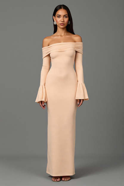 Leely Women Apricot Sheath Maxi Formal Dress with Sleeves Off the Shoulder Evening Dress