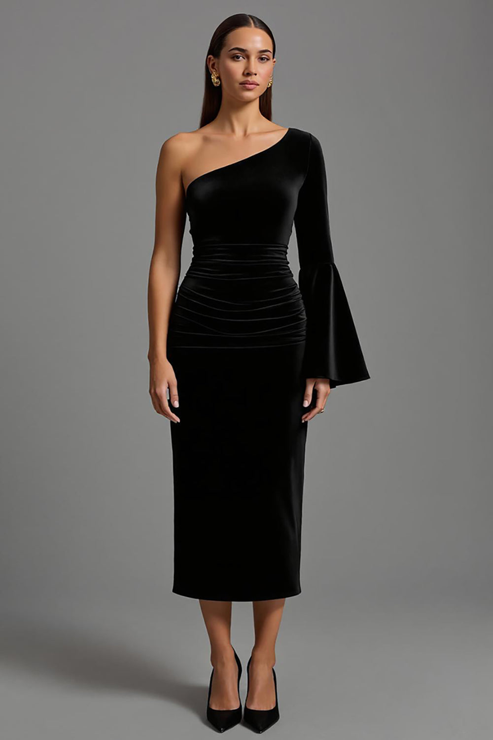Velvet Black One Shoulder Ruched Maxi Holiday Party Dress