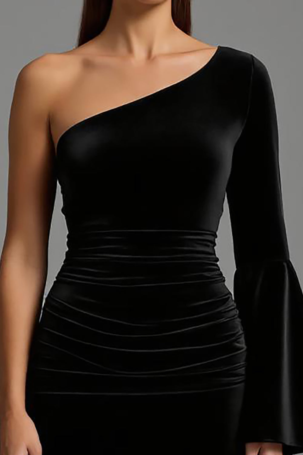 Velvet Black One Shoulder Ruched Maxi Holiday Party Dress