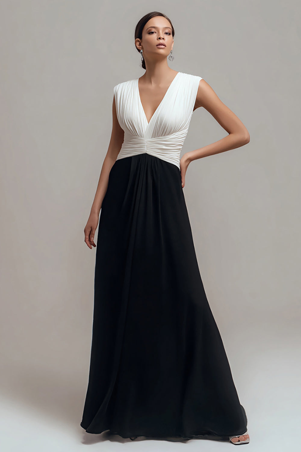 Chiffon Black and White V Neck A Line Long Formal Dress