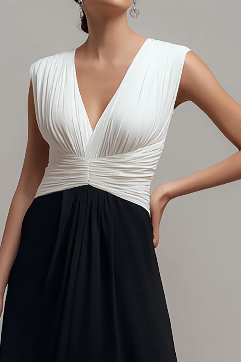 Chiffon Black and White V Neck A Line Long Formal Dress
