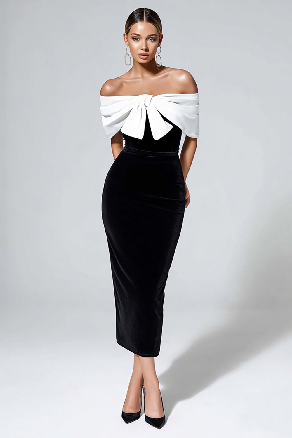 Black and White Velvet Bodycon Maxi Evening Dress with Bow