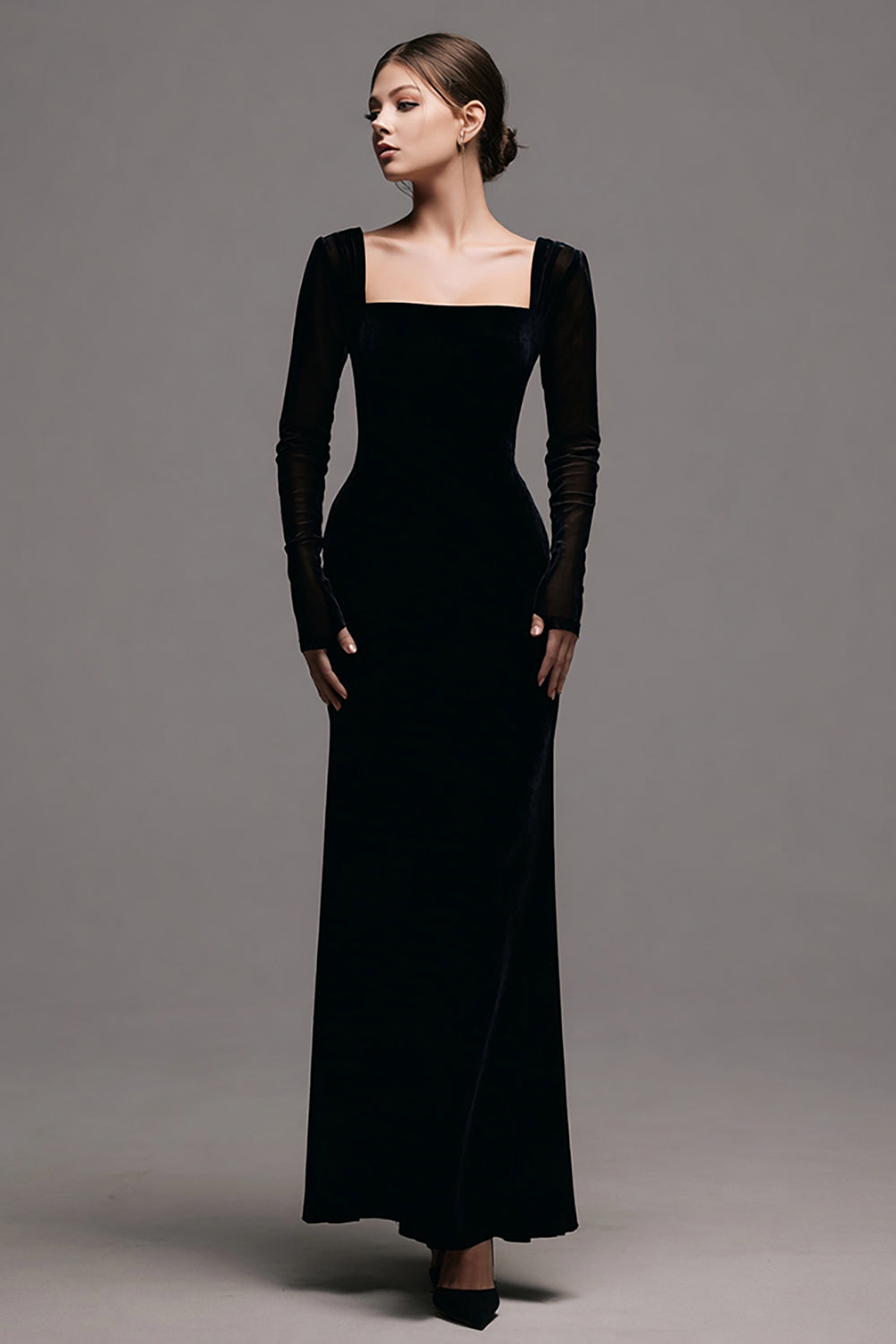 Leely Women Simple Velvet Maxi Holiday Party Dress Long Sleeves Square Neck Sheath Black Tie Dress