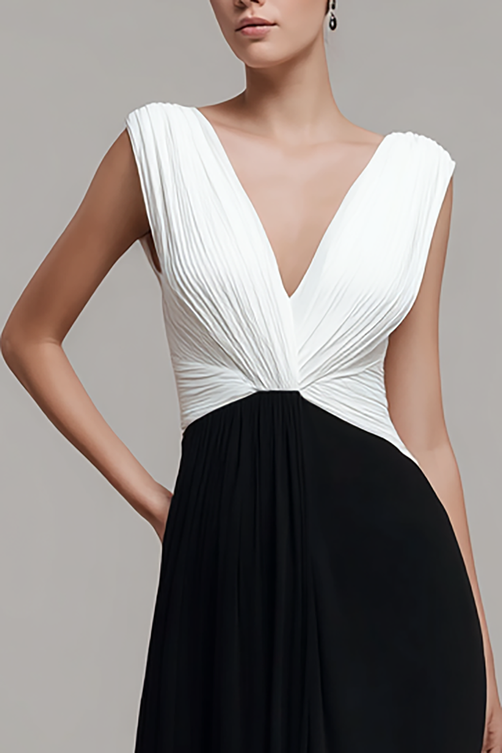 Black and White Chiffon V Neck Ruched Maxi Formal Dress