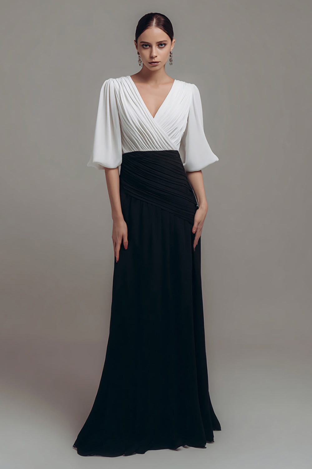 Chiffon Black and White V Neck Ruched Maxi Formal Dress with Sleeves