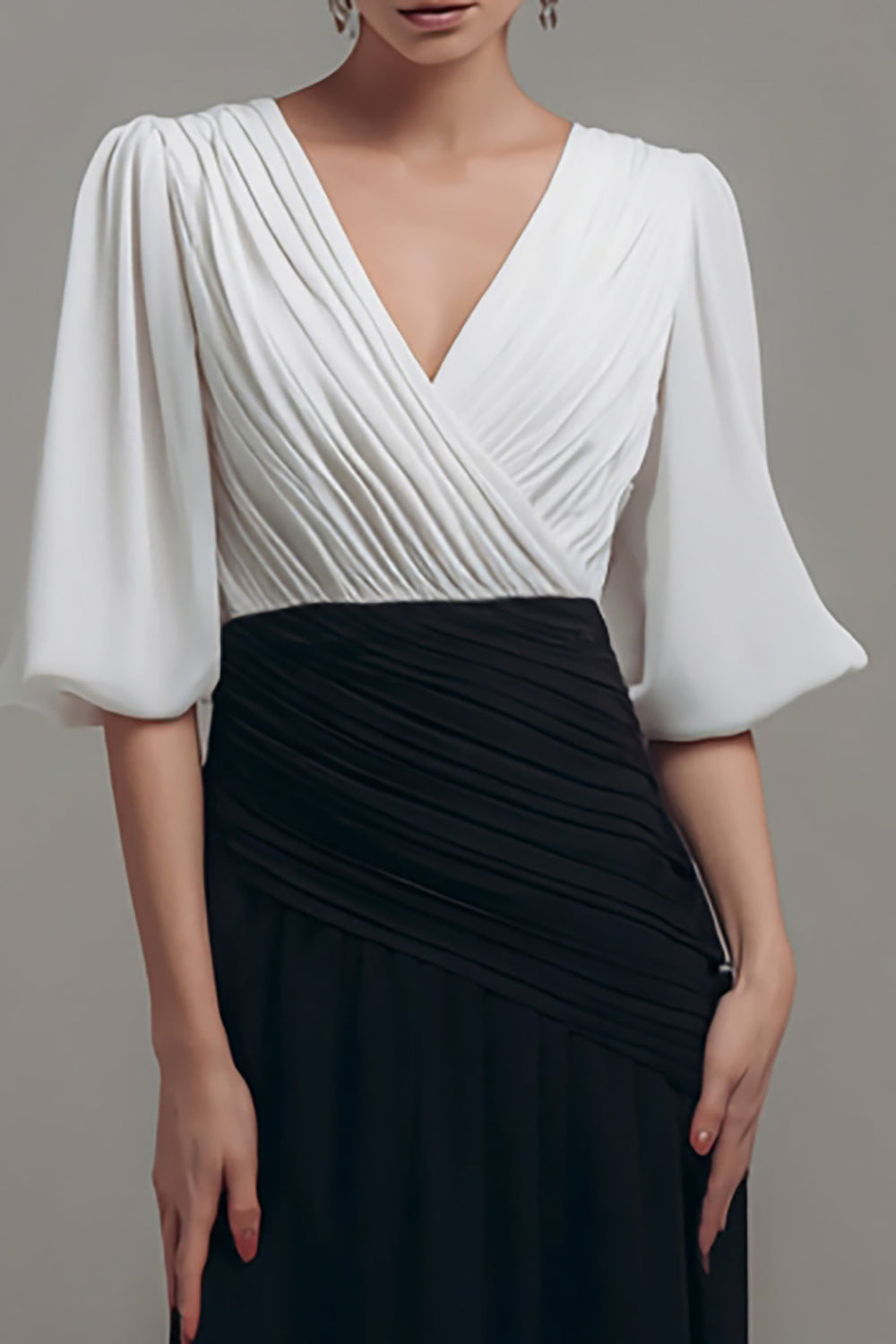 Chiffon Black and White V Neck Ruched Maxi Formal Dress with Sleeves