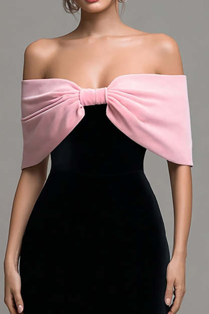 Velvet Black and Pink Strapless Bodycon Maxi Holiday Party Dress with Bow