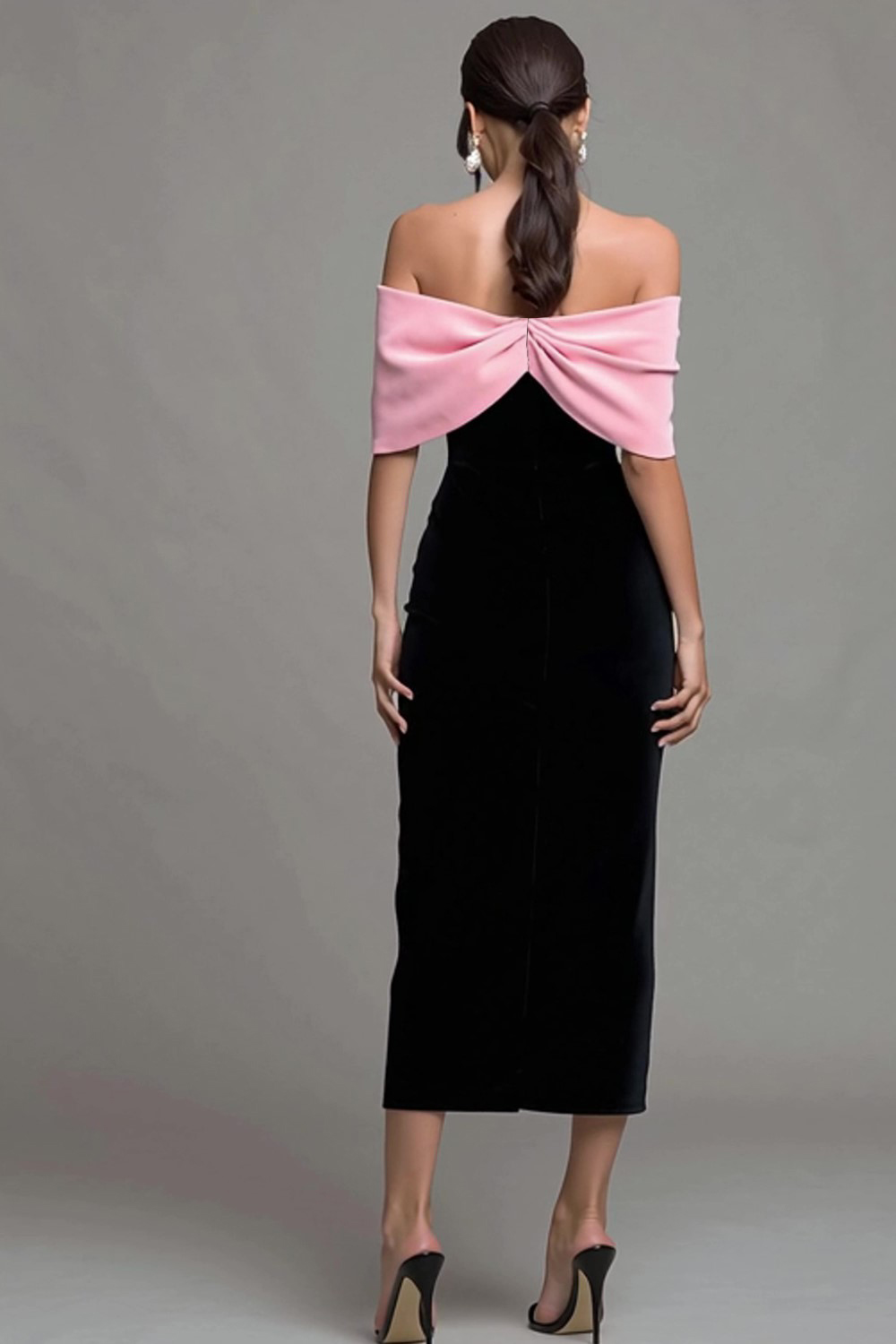 Velvet Black and Pink Strapless Bodycon Maxi Holiday Party Dress with Bow