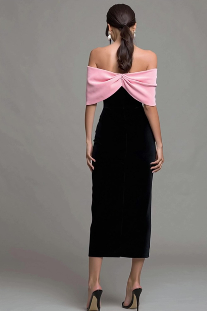 Velvet Black and Pink Strapless Bodycon Maxi Holiday Party Dress with Bow