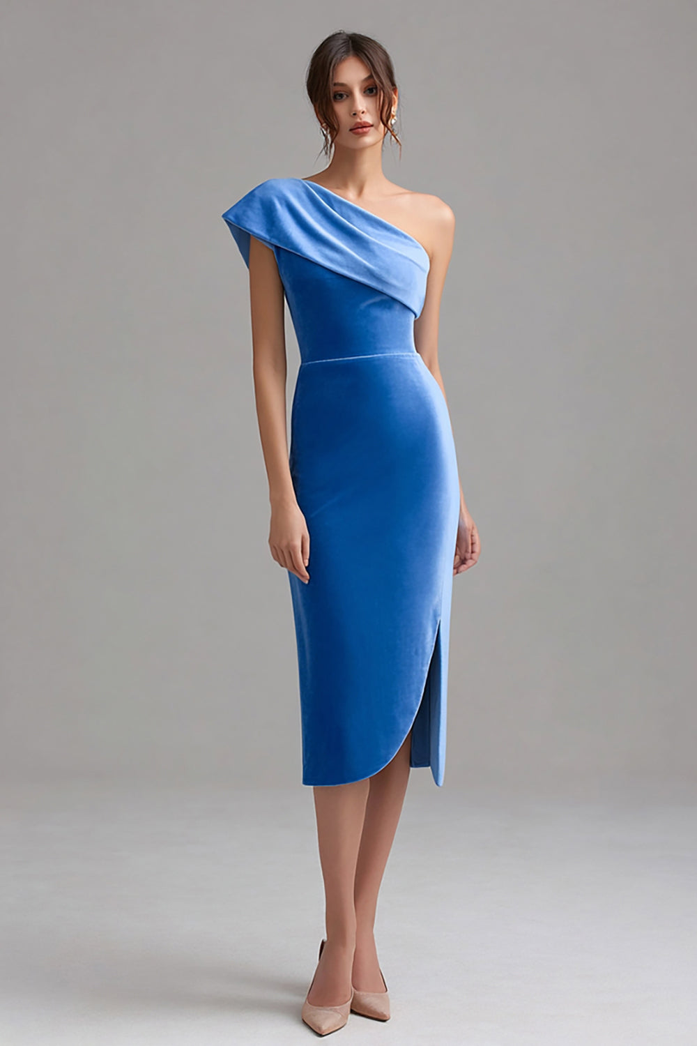 Velvet One Shoulder Blue Midi Bodycon Holiday Party Dress with Slit