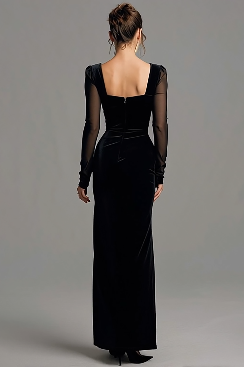 Black Sheath Velvet Square Neck Holiday Party Dress with Slit