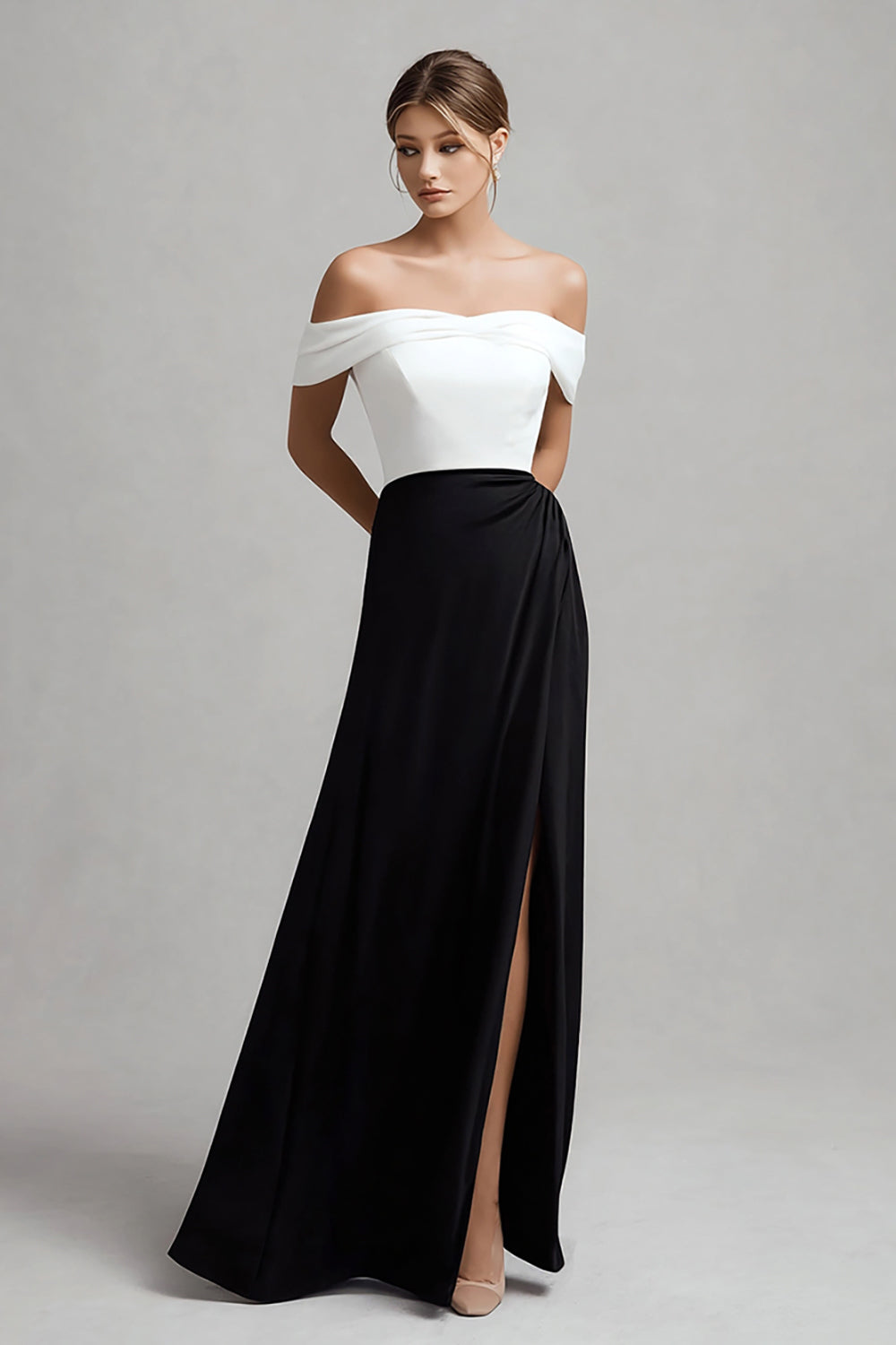 Black and White Satin Off the Shoulder Maxi A Line Formal Dress with Slit