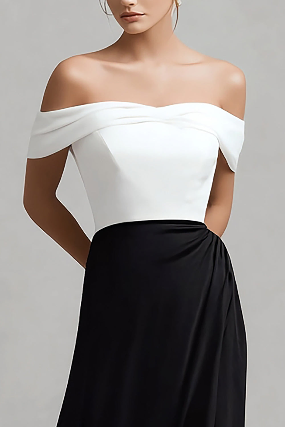 Black and White Satin Off the Shoulder Maxi A Line Formal Dress with Slit